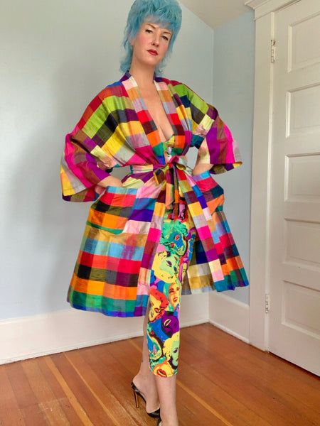 1960s Thai Raw Silk Madras Plaid Robe / Coat