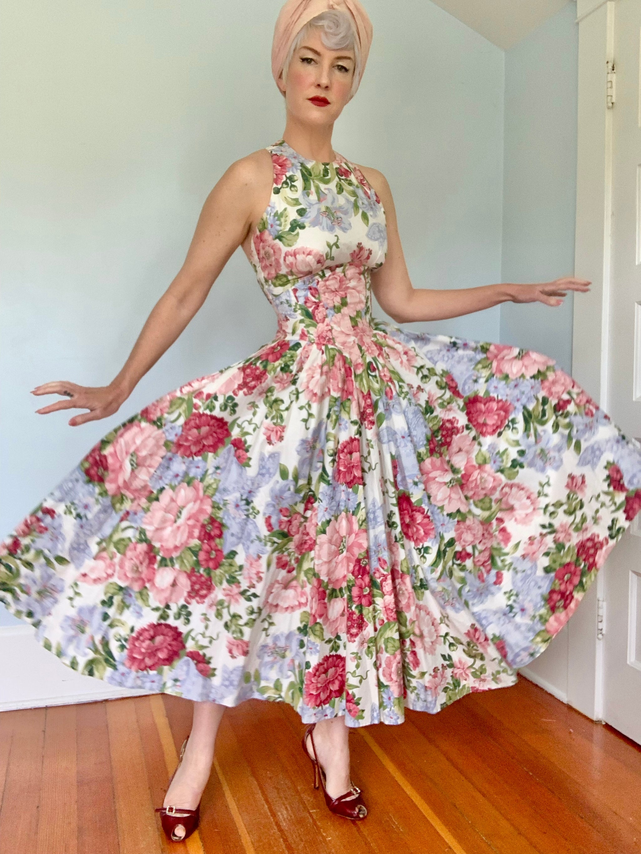 1980s “Karen Alexander” Corset Waist Polished Cotton Floral