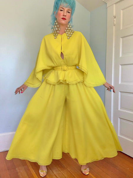 1960s “Calderón” Acid Chartreuse Yellow Crepe 3 Piece Ensemble