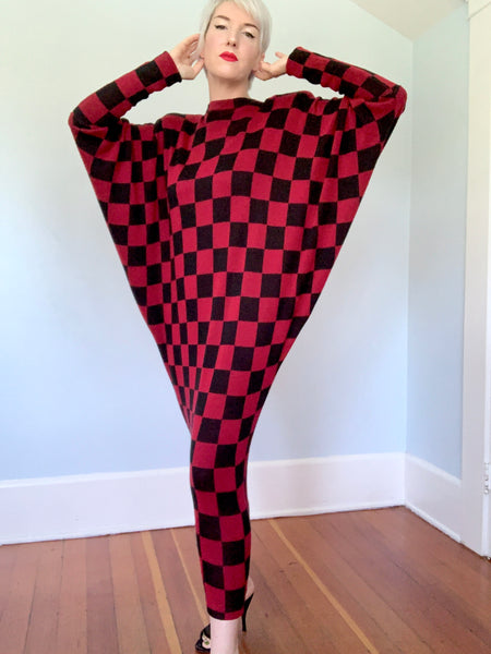 Avant-Garde 1980s "Norma Kamali" Checkered Knit Cocoon Maxi Dress