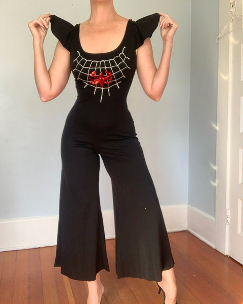 1970s “Young Innocent” Stretch Jersey Palazzo Pant Sequined Spiderweb Jumpsuit