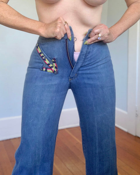 1970s Swinger High Waisted Bellbottom Jeans w/ Arrows by “Viceroy”