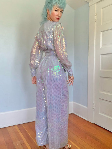 1970s Iridescent Sequin Palazzo Jumpsuit