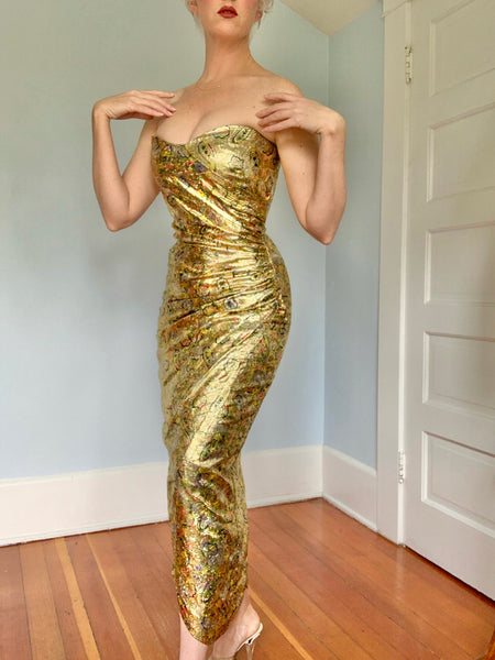 1960s Custom Made Gold Lamé w/ Rainbow Paisley Evening Gown