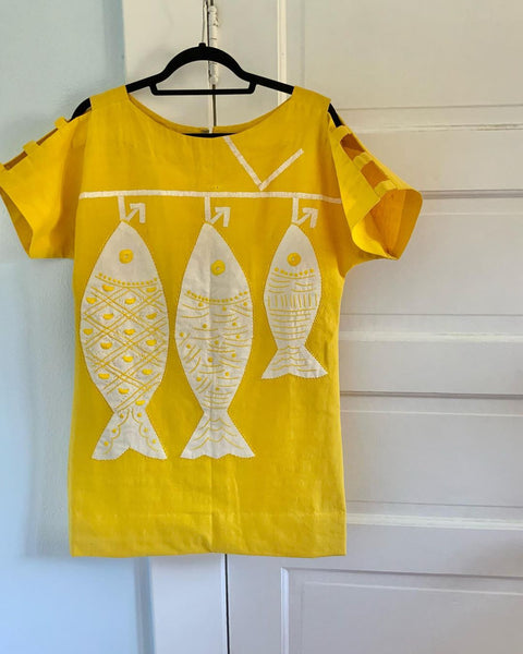 1960s Hand Made Cotton Linen Mini Dress w/ Fish Appliqués by “Nelly of Mexico”