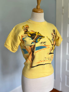 Deadstock 1950s Cotton Knit Pull-Over T-shirt w/ Caveman & Bombshell Babe