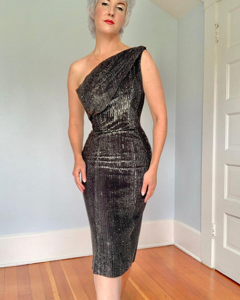 1950s Silver Lurex One Shoulder Hourglass Cocktail Dress