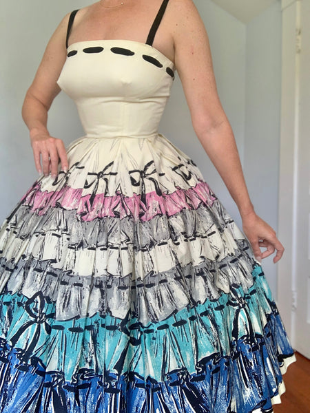 1950s Polished Cotton Trompe L’Oeil Bow Print Party Dress