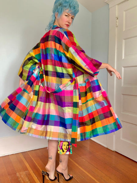 1960s Thai Raw Silk Madras Plaid Robe / Coat