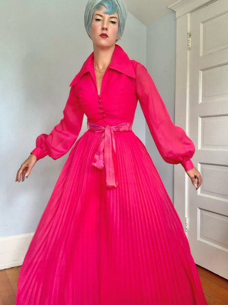 1960s Shocking Magenta Sheer Chiffon Over Satin Palazzo Jumpsuit