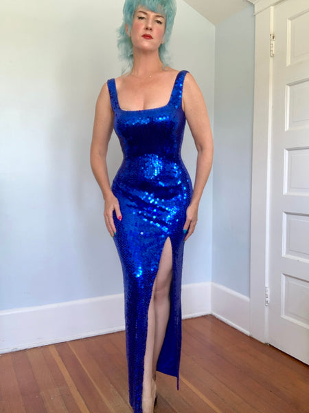 1980s Sapphire Sequin Hourglass Evening Gown