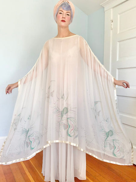 1970s “Jean Varon” Sheer Chiffon Sealife Motif Caftan Gown