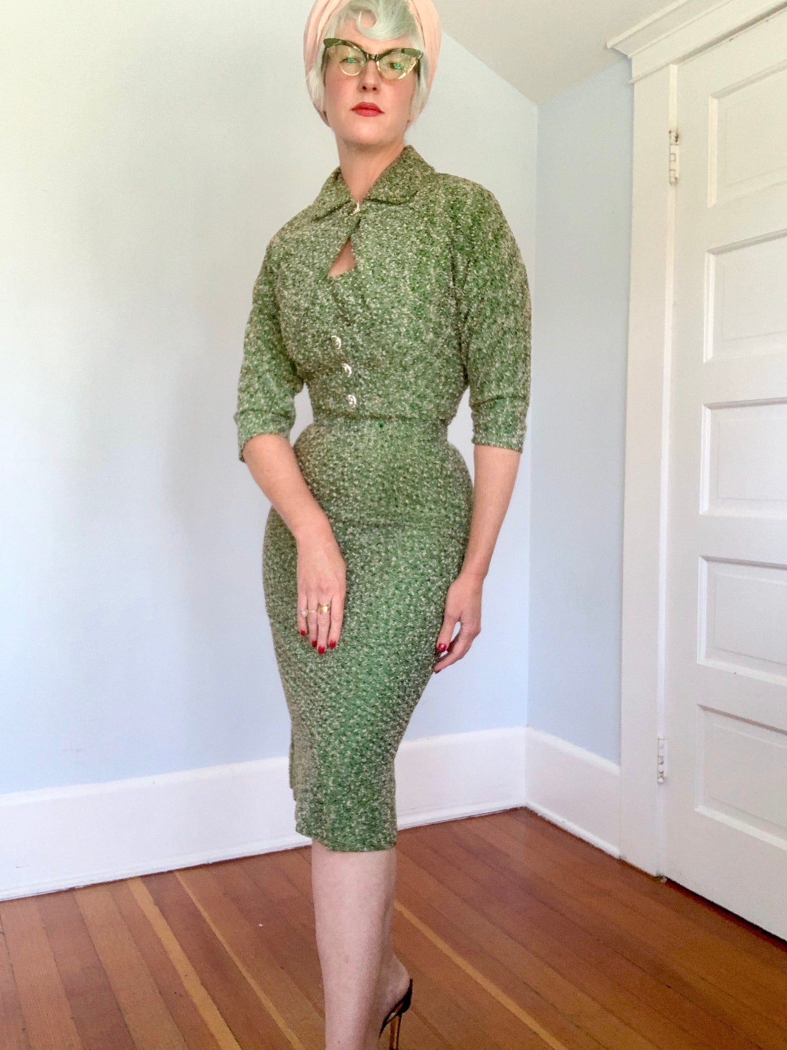 Deadstock Salesman’s Sample 1940s Rayon Boucle Knit 3 Piece Sweater Dress Set
