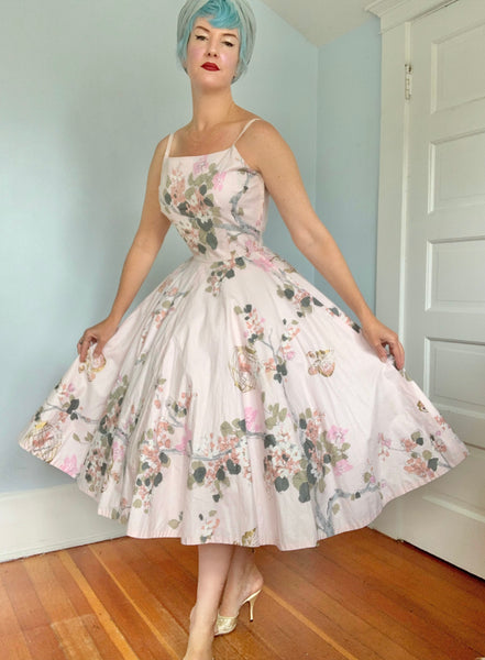 1950s Birdcages w/ Birds Novelty Print Cotton Sundress