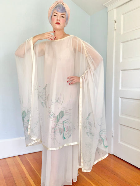 1970s “Jean Varon” Sheer Chiffon Sealife Motif Caftan Gown