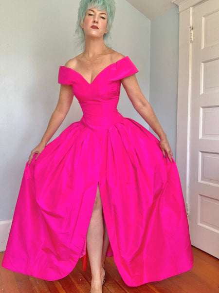 1980s “Scaasi Boutique” Neon Pink Silk Evening Gown
