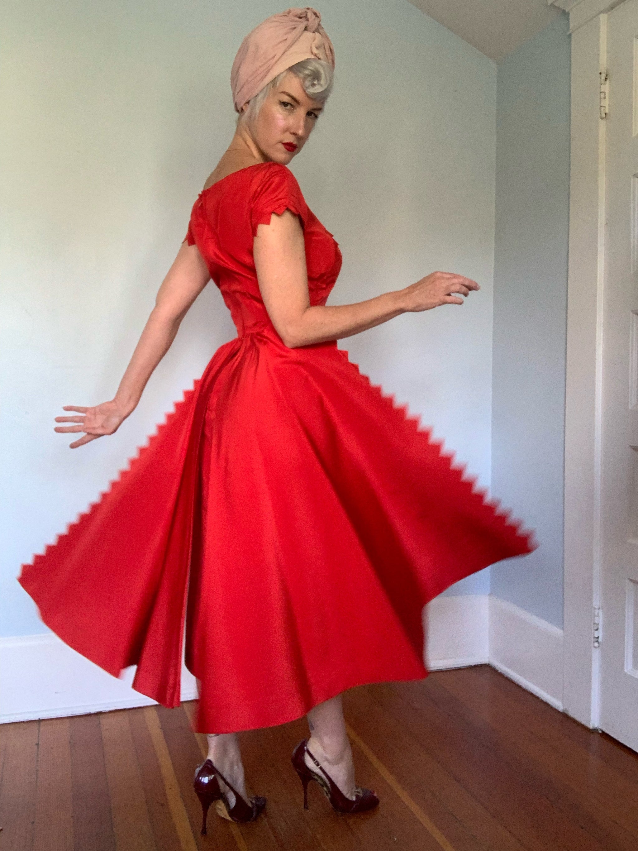 1950s Devil Red Satin Cocktail Dress w/ Back Draped Wings butchwaxvintage 1950s Devil Red Satin Cocktail Dress w/ Back Draped Wings butchwaxvintage