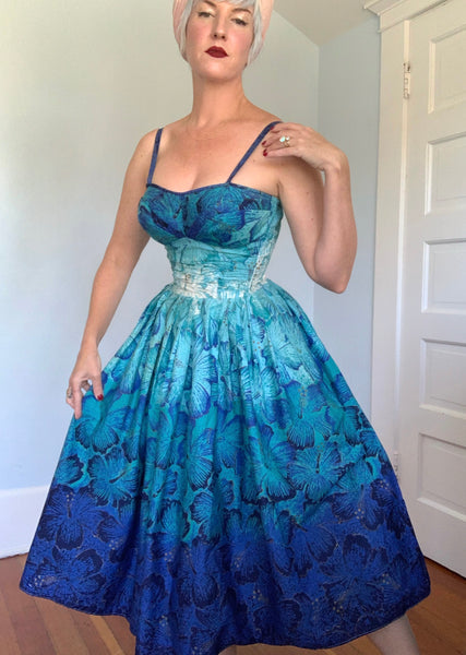 1950s “Alfred Shaheen” Ombré Blue Hand Printed Hibiscus Cotton Sundress