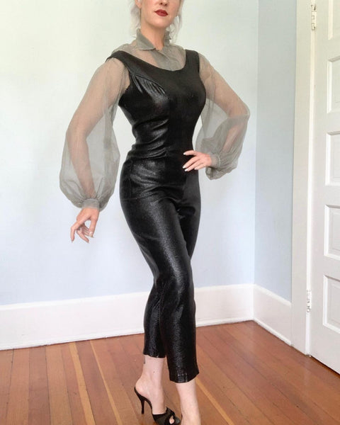 1950s Black Stretch Liquid Lamé Jumpsuit