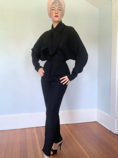 Designer 1980s "Norma Kamali" Rayon Crepe Batwing Hourglass Jumpsuit w/ Scarf Collar