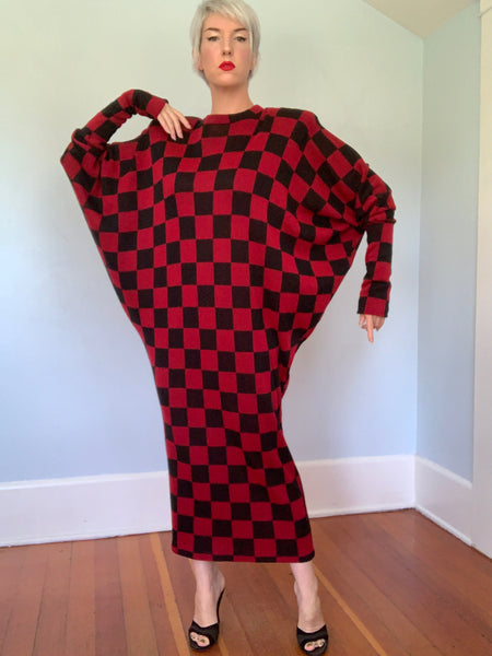 Avant-Garde 1980s "Norma Kamali" Checkered Knit Cocoon Maxi Dress