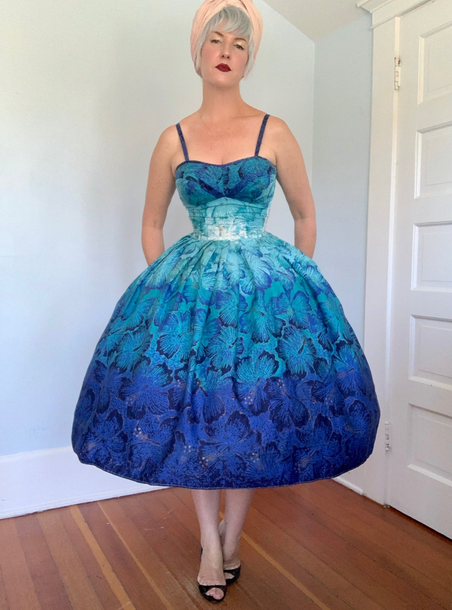 1950s “Alfred Shaheen” Ombré Blue Hand Printed Hibiscus Cotton Sundress