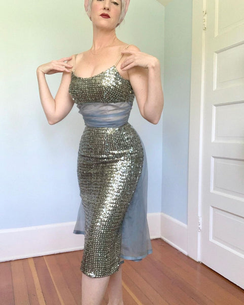 1950s Icy Sequin Hourglass Cocktail Dress w/ Silk Organza Train