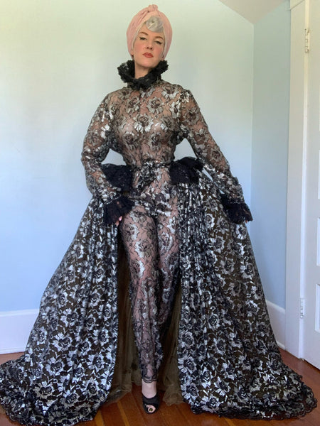 Custom Made Sheer Lace Jumpsuit & Over Skirt / Cape
