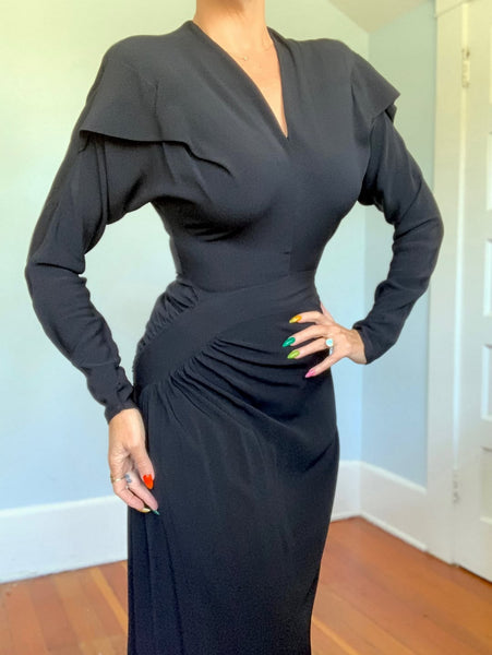 1940s Designer “Dorothy O’Hara” Rayon Crepe Sculptural Cocktail Dress