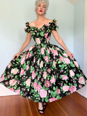 1980s Cotton Chintz Garden Roses Party Dress