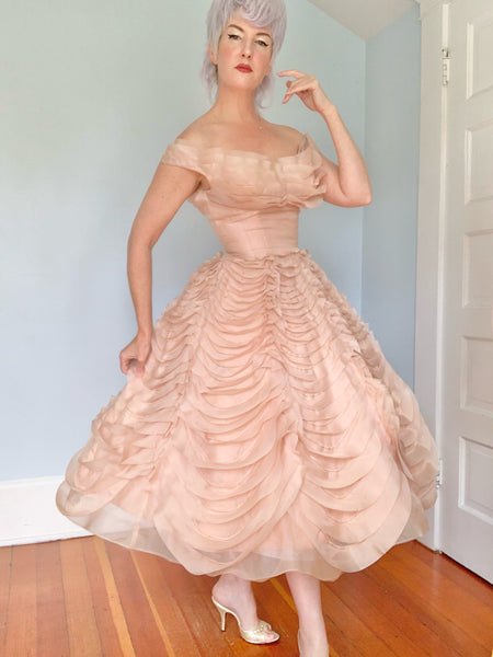 Documented 1954 “Ceil Chapman” Silk Organza Sculptural Ruffled Party Dress