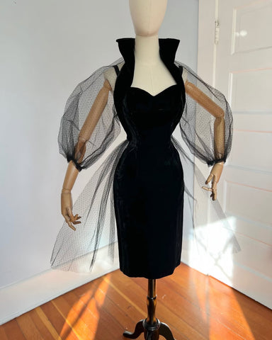 1950s “Sue Leslie of California” Black Velvet Cocktail Dress w/ Jacket