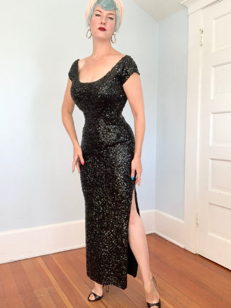 1960s Hand Sequined “Gene Shelly’s Boutique Internationale” Wool Knit Evening Gown
