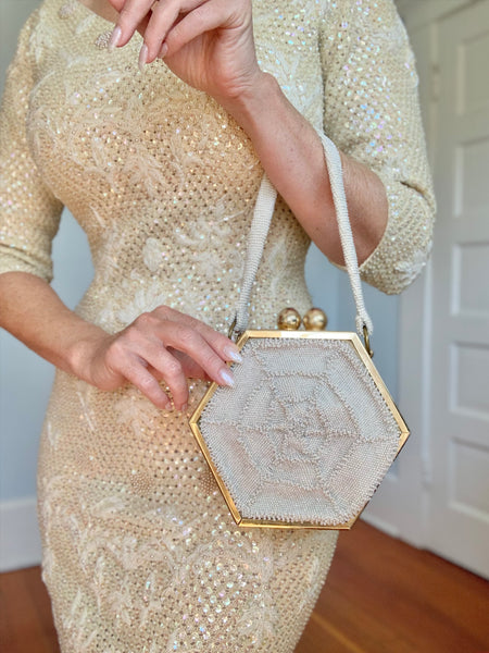 1940s Hand Beaded Spiderweb Box Purse