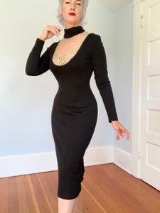 “Mr. Blackwell Custom” 1960s Wool Jersey Rhinestone Sheer Bust Cocktail Dress