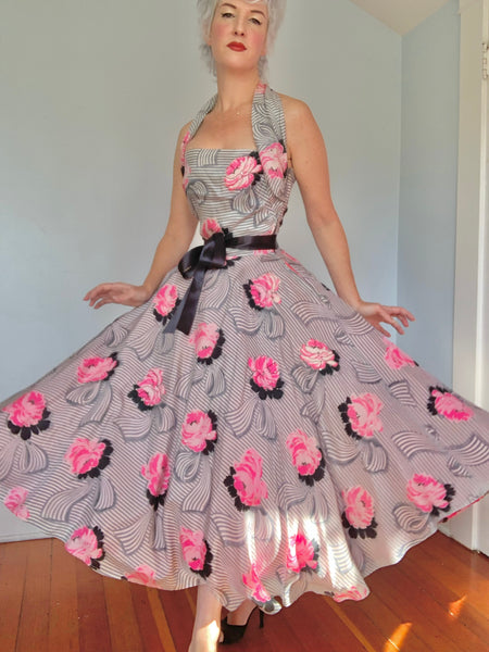 1950s Couture Custom Made Silk Halter Party Dress