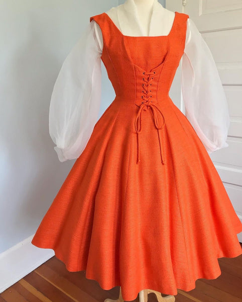 Gorgeous 1950s Pumpkin Orange Linen Pinafore Dress