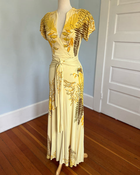 1940s Rayon Jersey Hawaiian Wrap Gown