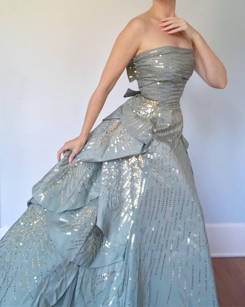 Late 1940s Custom Couture Silk Sequined Petal Gown Inspired by A/W 1949 Dior
