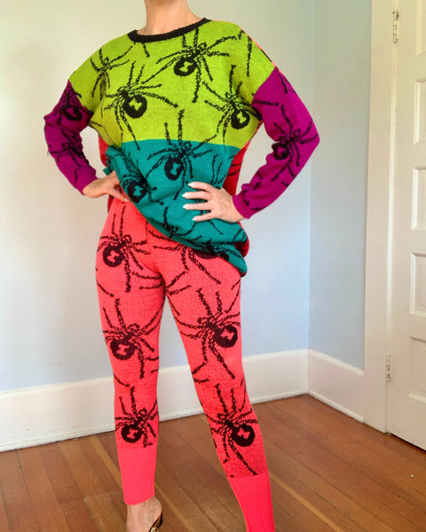 Rare 1980s “Betsey Johnson” Punk Label Intarsia Knit 2 Piece Black Widow Spider Set