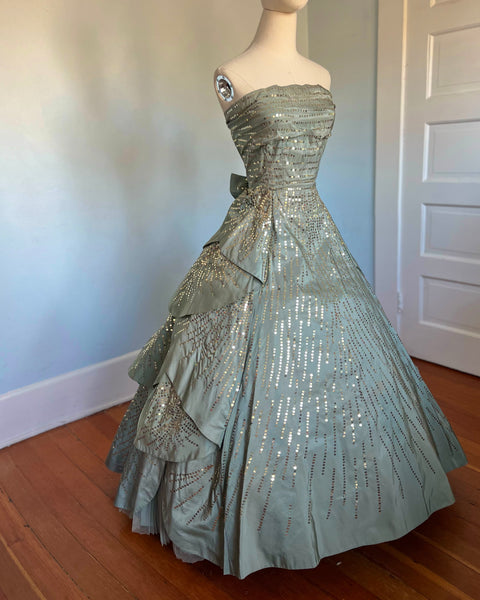 Late 1940s Custom Couture Silk Sequined Petal Gown Inspired by A/W 1949 Dior