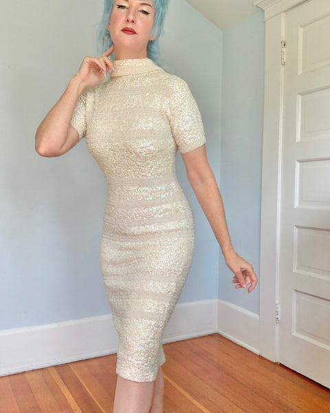 1960s Hand Made Wool Knit Cocktail Dress Covered in Sequins by “Imperial”