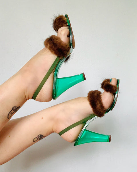 Rare 1940s Emerald Green Lucite w/ Sable Fur High Heels