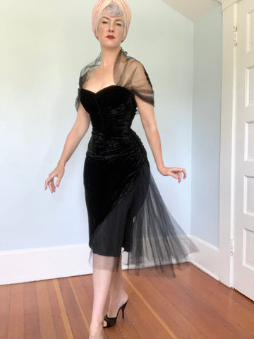 Bombshell 1940s Rayon Velvet Extreme Hourglass Cocktail Dress w/ Tulle Mesh Detailing & Attached Shawl