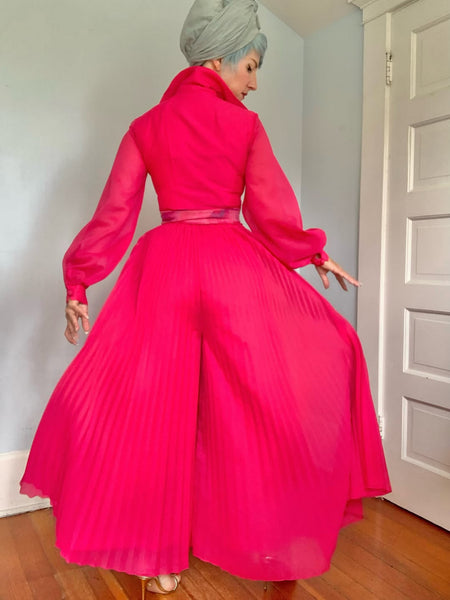 1960s Shocking Magenta Sheer Chiffon Over Satin Palazzo Jumpsuit