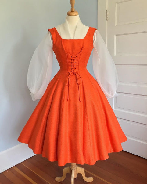 Gorgeous 1950s Pumpkin Orange Linen Pinafore Dress