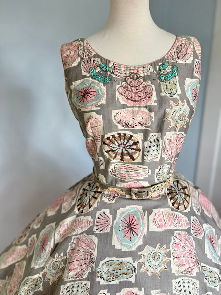 1950s Cotton Seashell Novelty Print Sundress w/ Belt