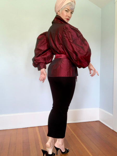 1980s "Victor Costa" Iridescent Crimson Sharkskin Taffeta Blouse w/ Huge Sleeves & Tue Belt