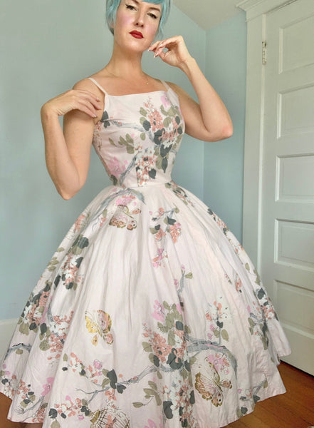 1950s Birdcages w/ Birds Novelty Print Cotton Sundress