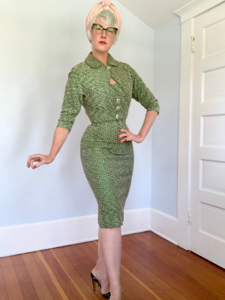 Deadstock Salesman’s Sample 1940s Rayon Boucle Knit 3 Piece Sweater Dress Set